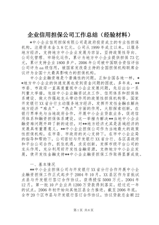 企业信用担保公司工作总结（经验材料） (3)
