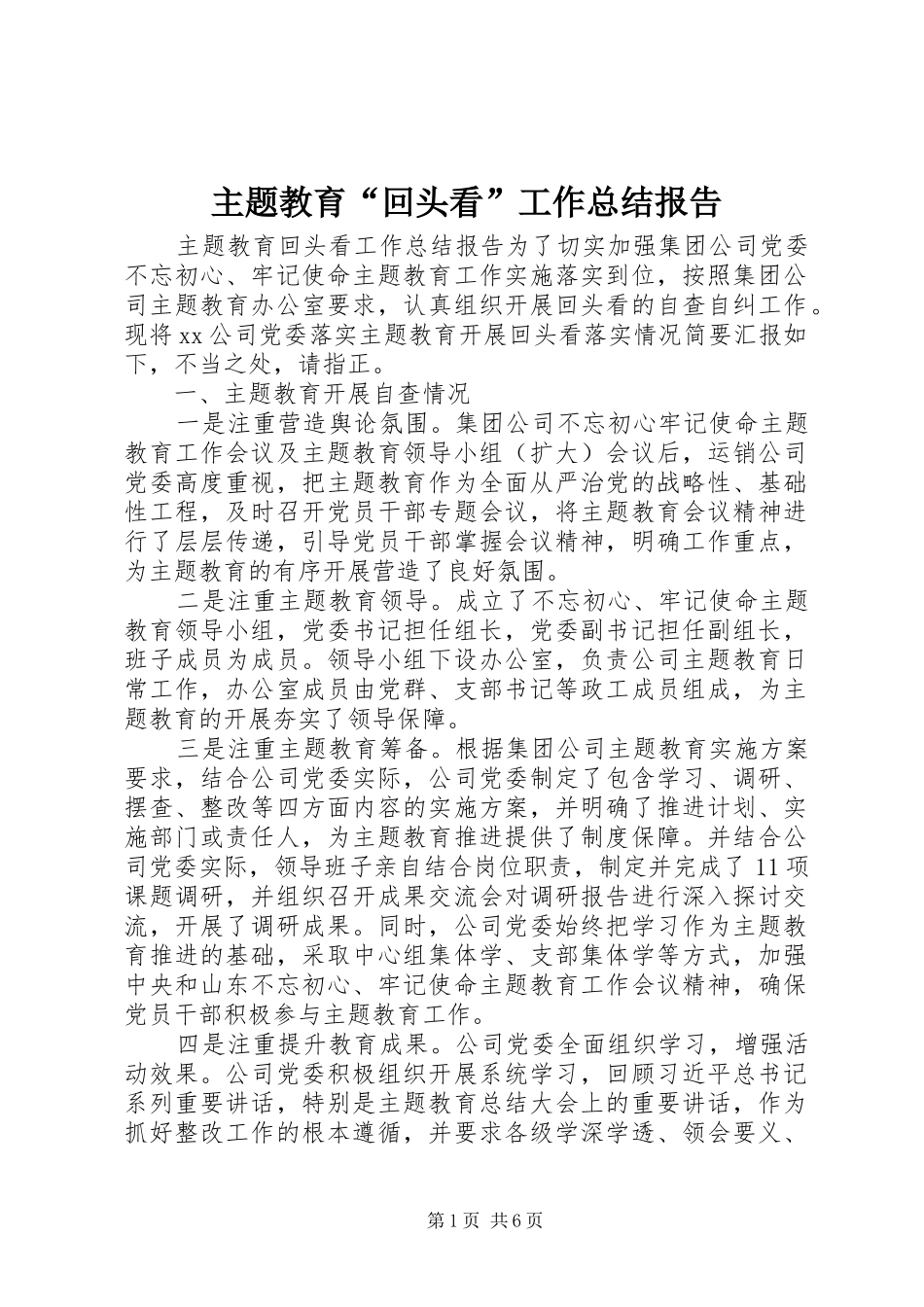 主题教育“回头看”工作总结报告_第1页