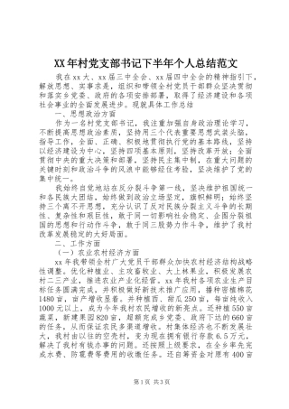 XX年村党支部书记下半年个人总结范文