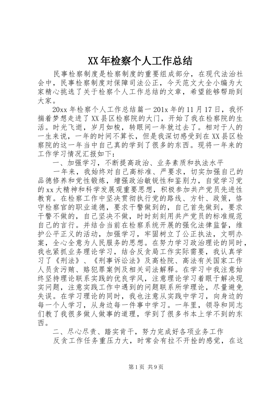 XX年检察个人工作总结_第1页