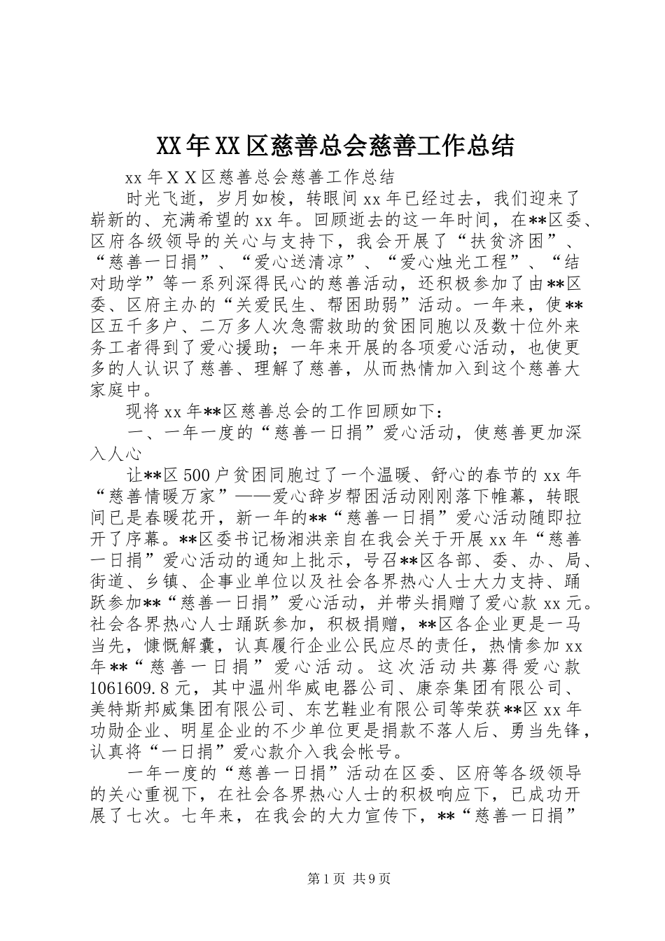 XX年XX区慈善总会慈善工作总结_第1页