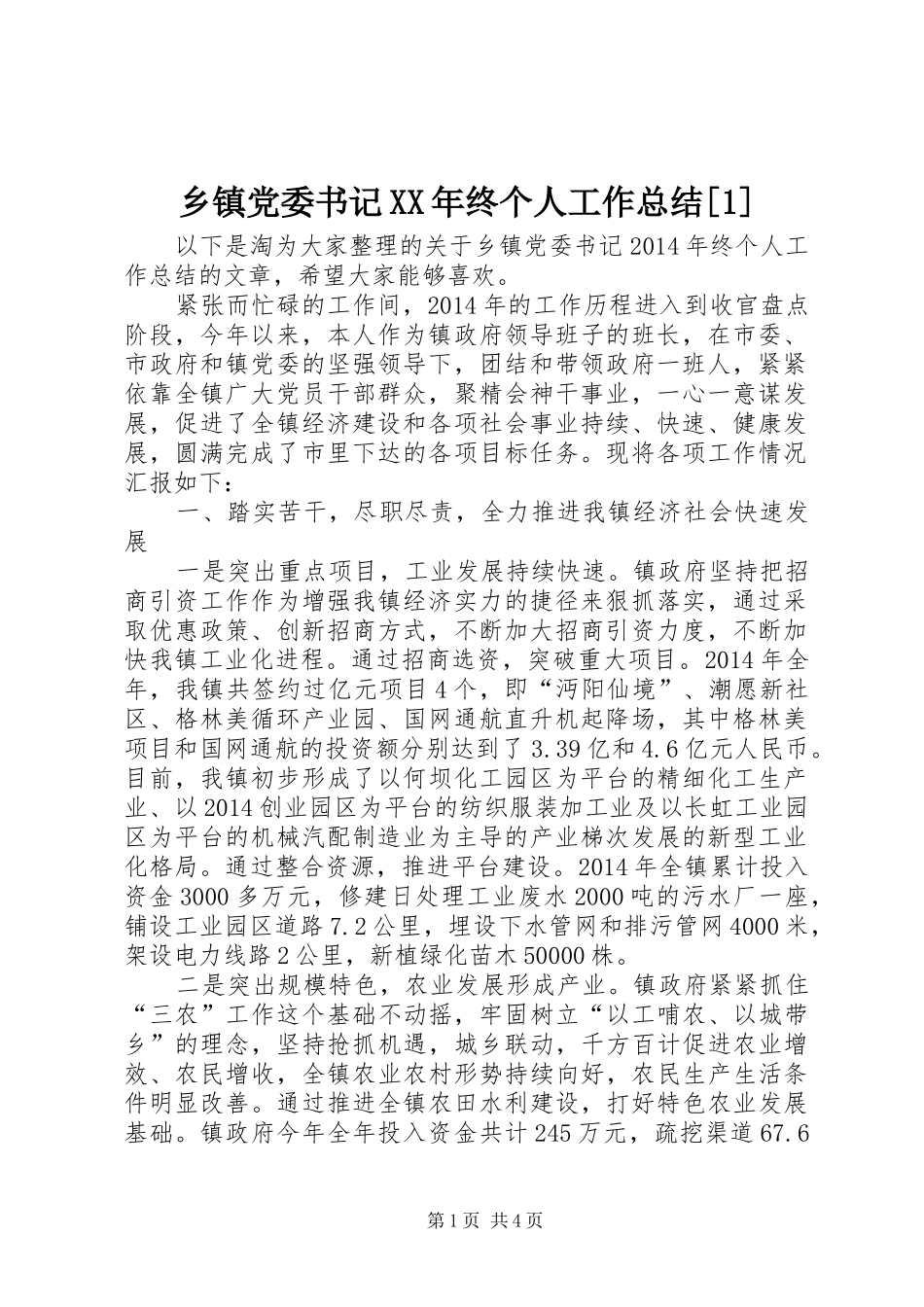 乡镇党委书记XX年终个人工作总结[1]_第1页