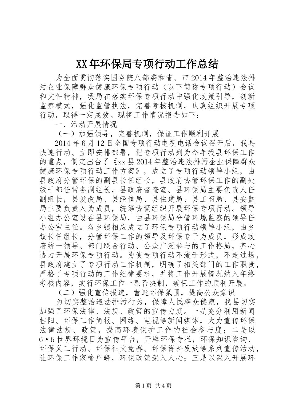 XX年环保局专项行动工作总结_第1页