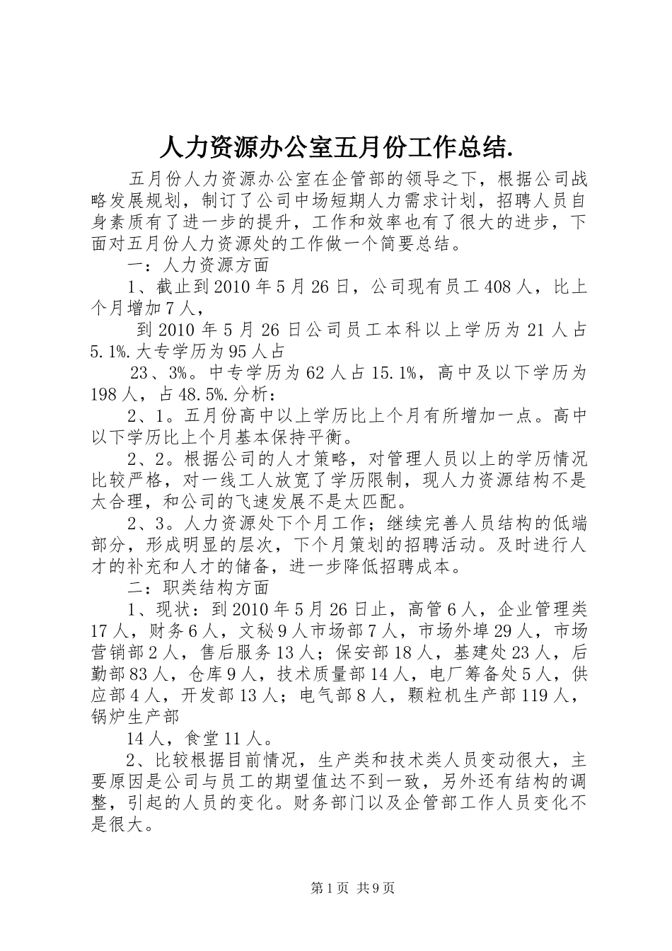人力资源办公室五月份工作总结._第1页