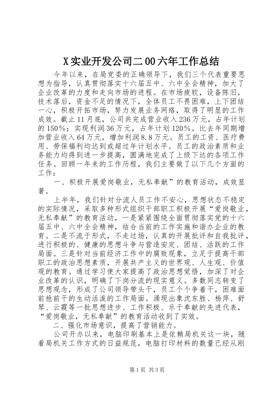 X实业开发公司二00六年工作总结_第1页