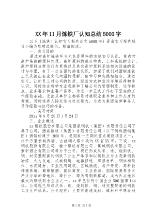 XX年11月炼铁厂认知总结5000字