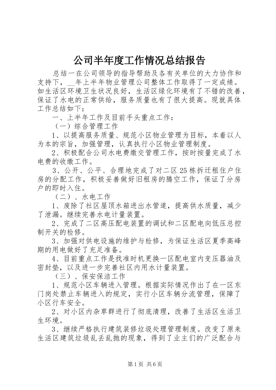 公司半年度工作情况总结报告_第1页