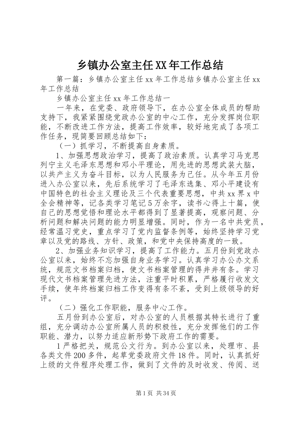 乡镇办公室主任XX年工作总结_第1页