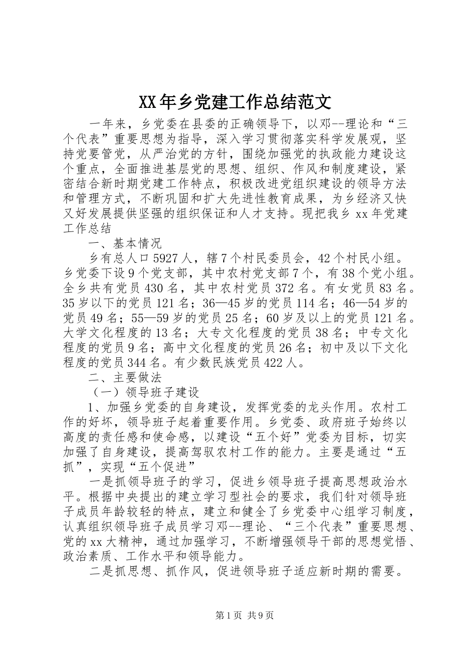 XX年乡党建工作总结范文_第1页