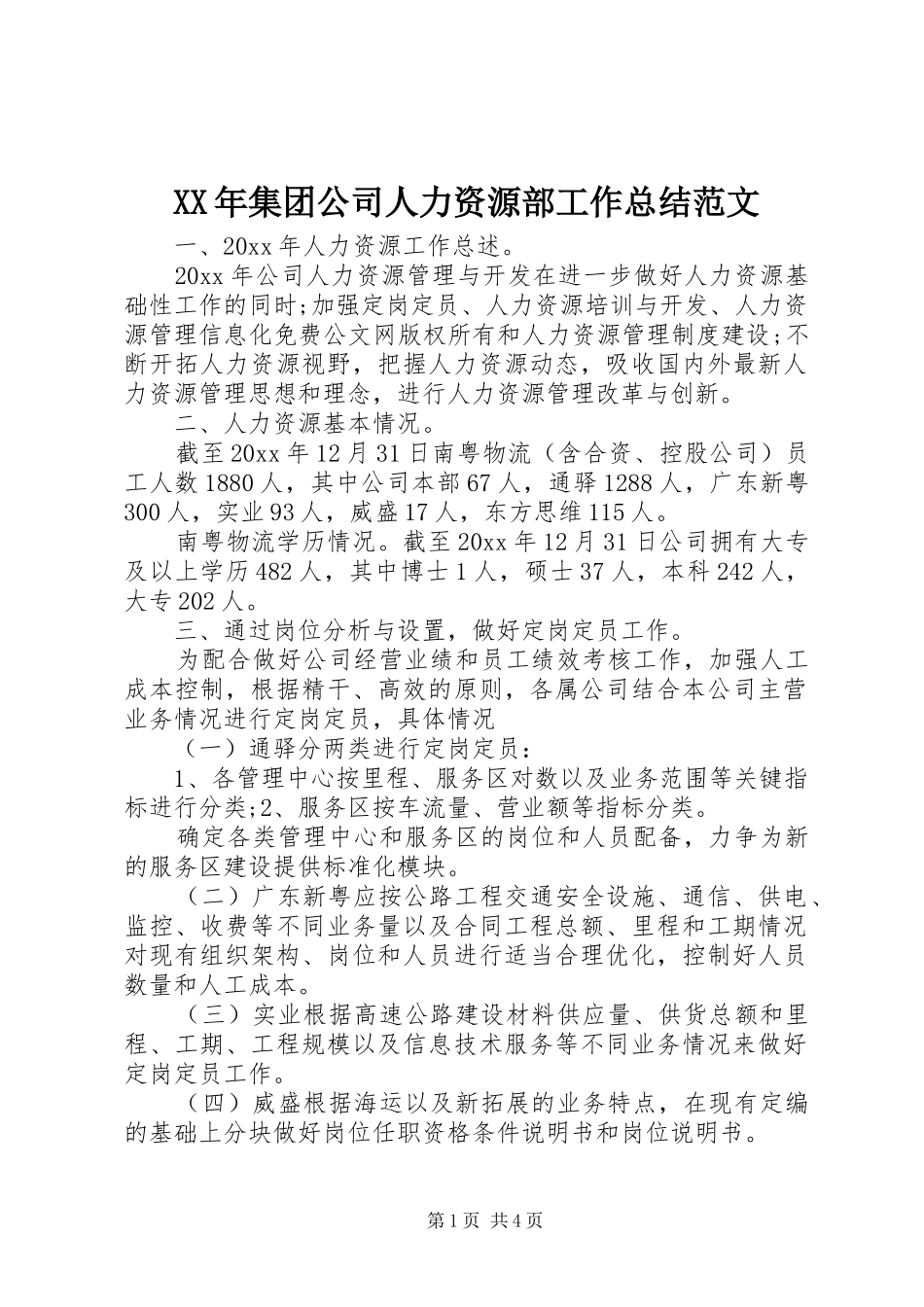 XX年集团公司人力资源部工作总结范文_第1页