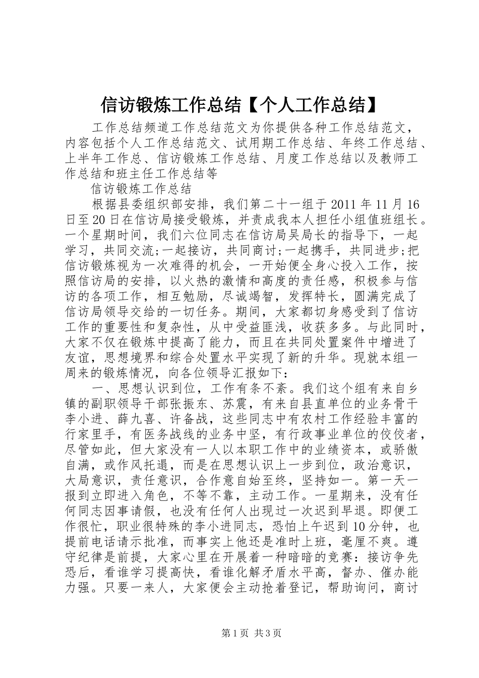 信访锻炼工作总结【个人工作总结】_第1页