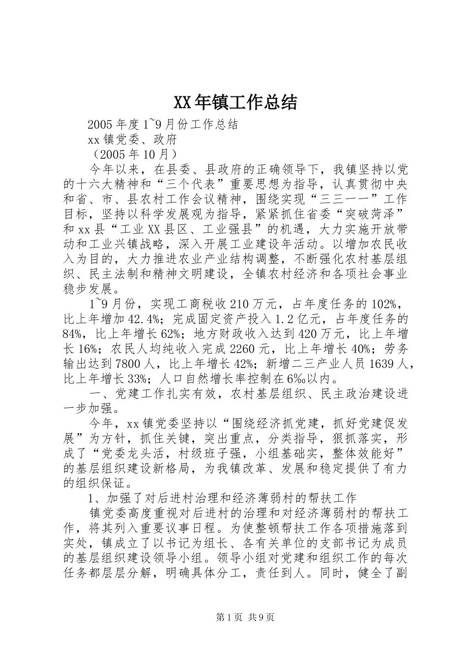 XX年镇工作总结_第1页