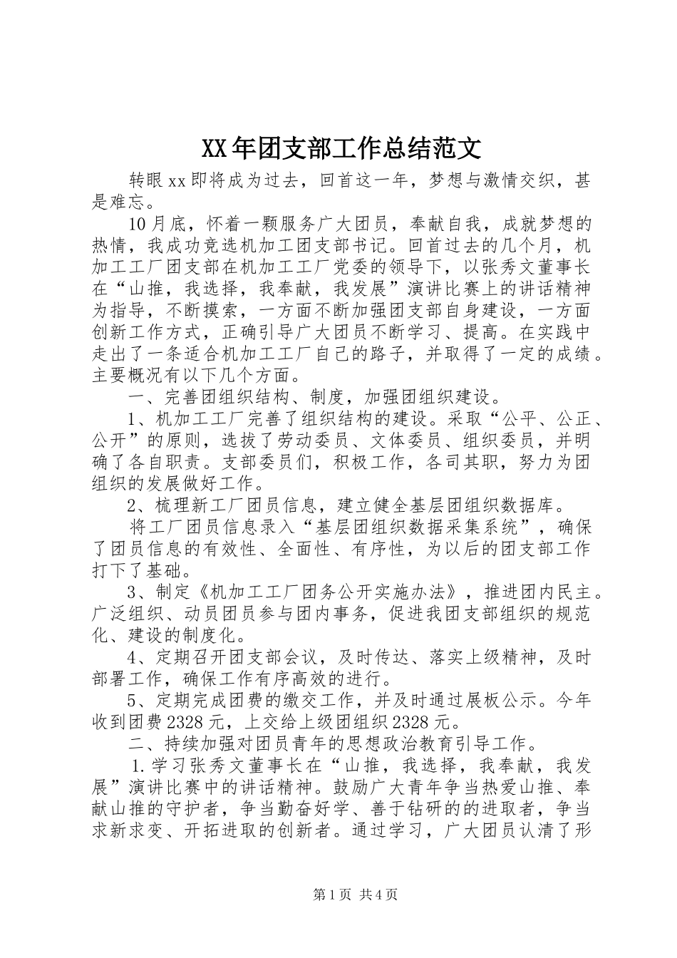 XX年团支部工作总结范文_第1页