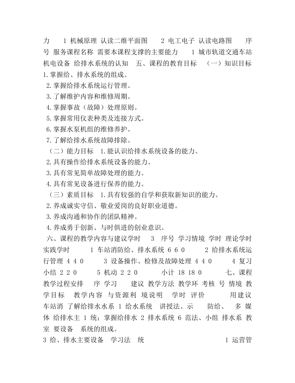 《城市轨道交通给排水设备运行及维护》课程标准 _第2页
