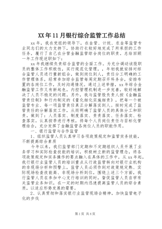 XX年11月银行综合监管工作总结