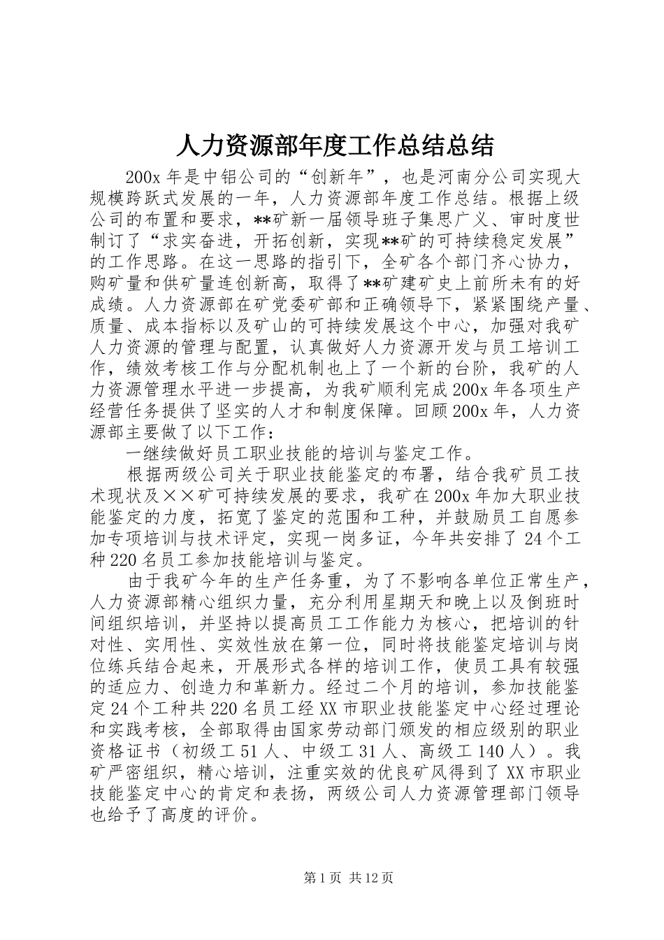 人力资源部年度工作总结总结_第1页