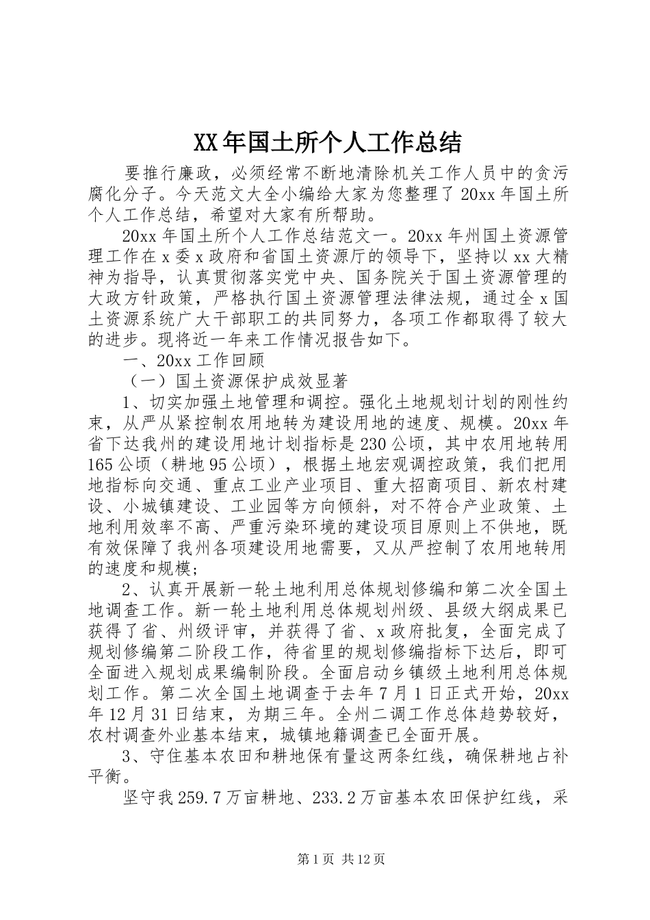 XX年国土所个人工作总结_第1页