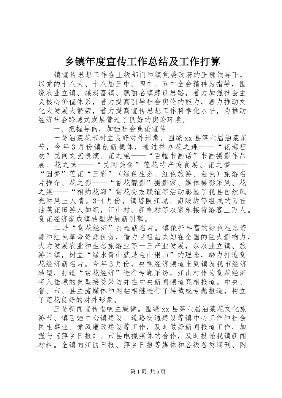乡镇年度宣传工作总结及工作打算_第1页