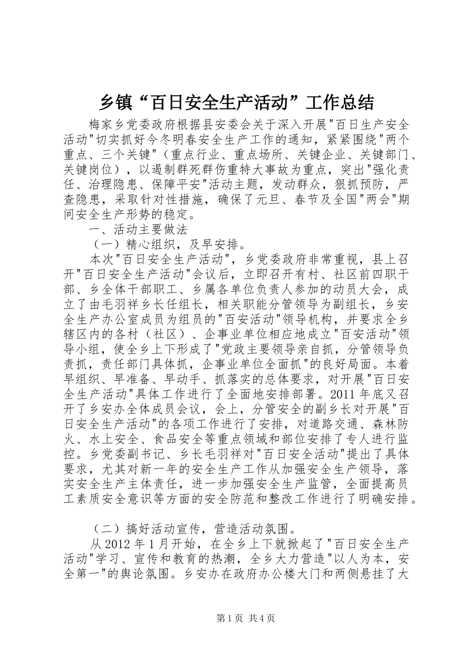 乡镇“百日安全生产活动”工作总结_第1页