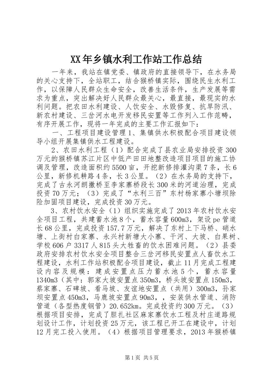 XX年乡镇水利工作站工作总结_第1页