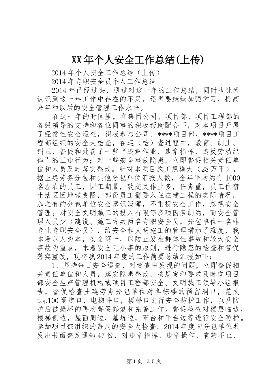 XX年个人安全工作总结(上传)_第1页