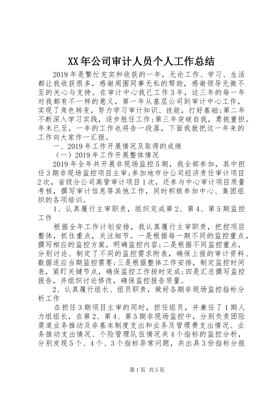 XX年公司审计人员个人工作总结_第1页