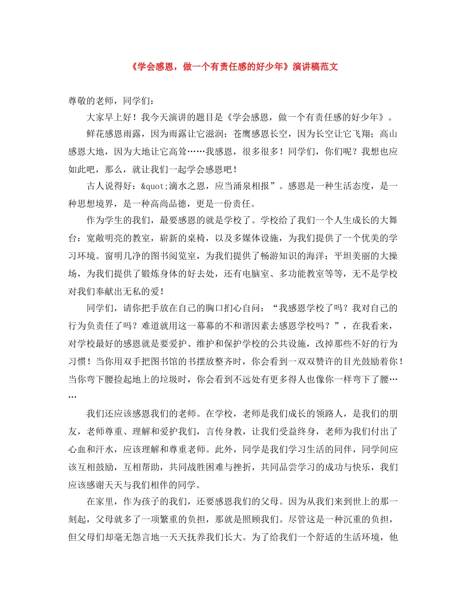 《学会感恩，做一个有责任感的好少年》演讲稿范文 _第1页
