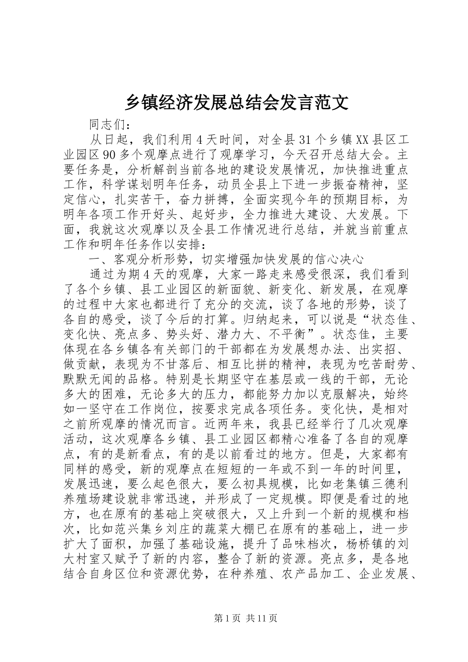 乡镇经济发展总结会发言范文_第1页