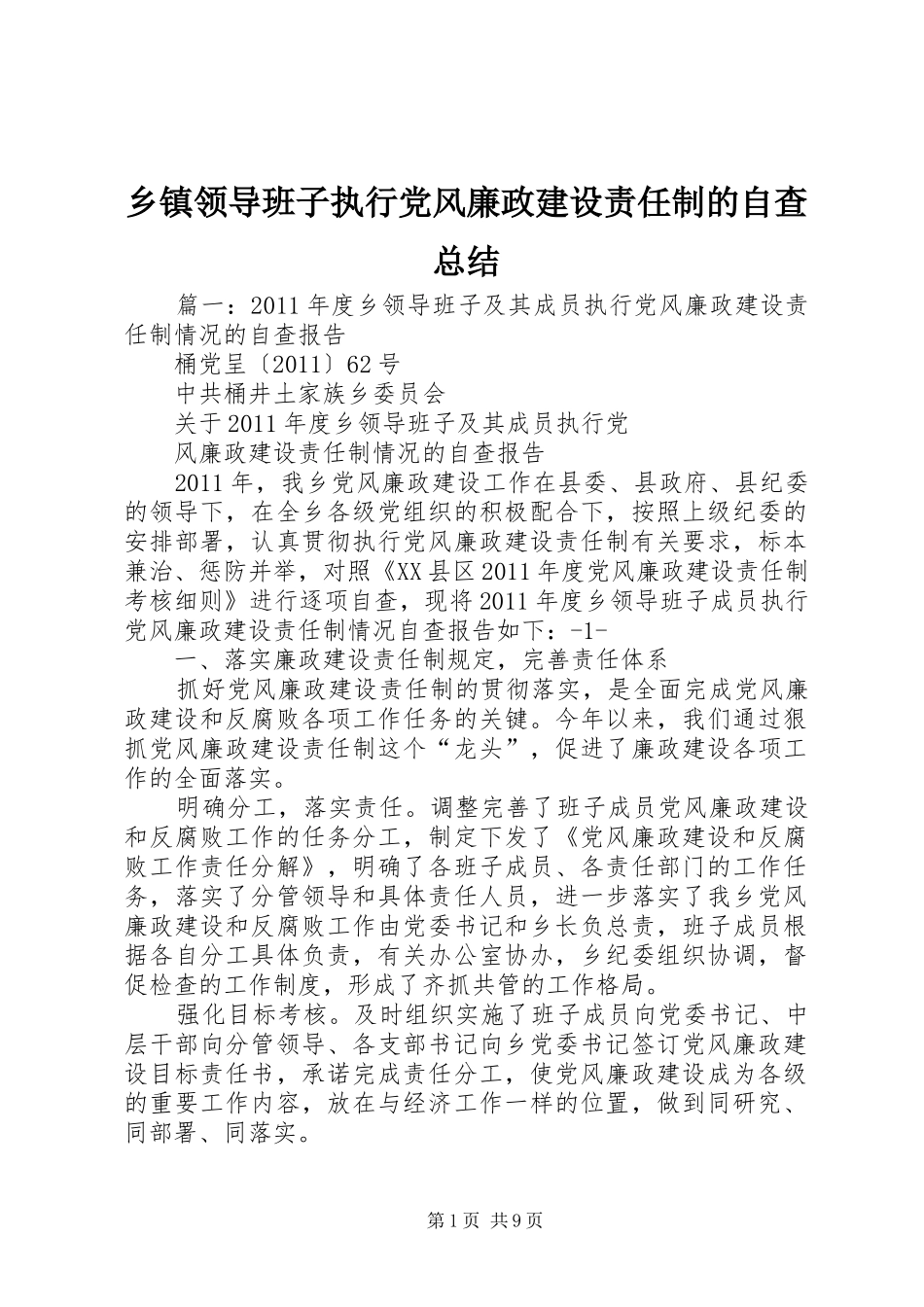 乡镇领导班子执行党风廉政建设责任制的自查总结_第1页