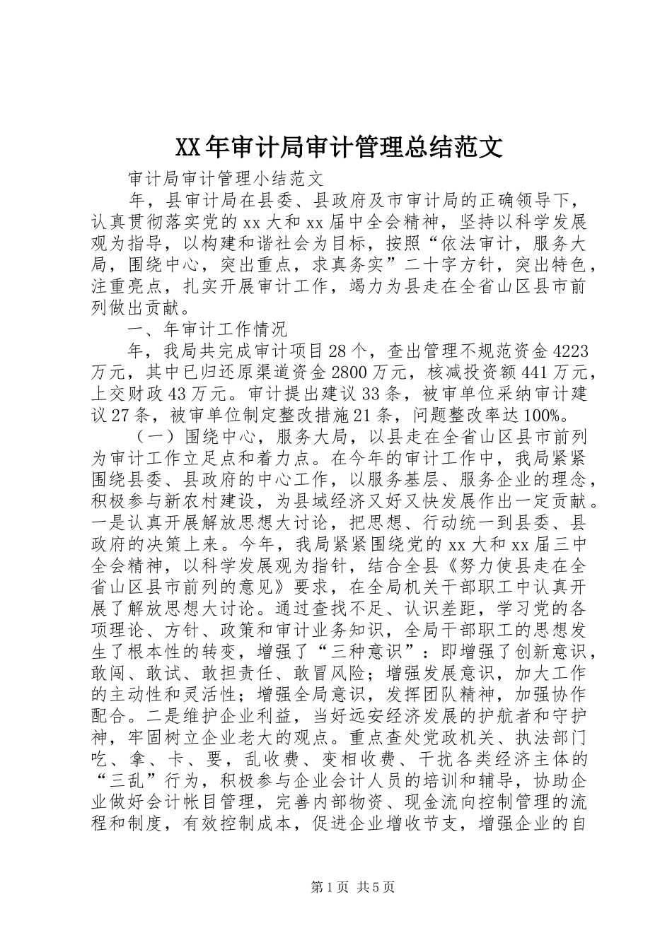 XX年审计局审计管理总结范文_第1页