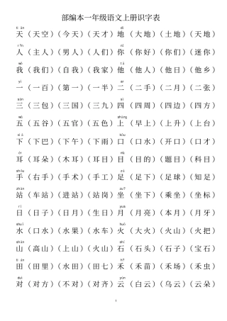新人教版小学语文一年级上册年人教版一年级语文上册组词版