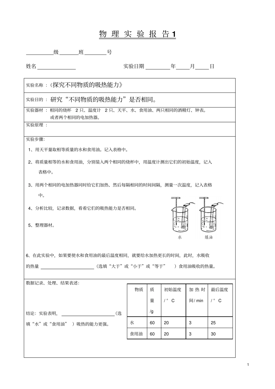 新人教版物理试验报告九年级全册_第1页