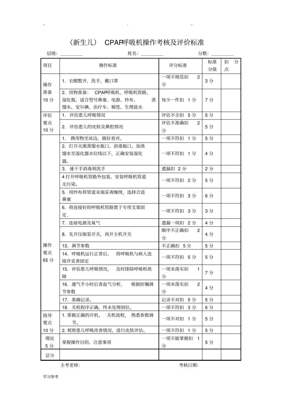 新生儿CPAP呼吸机操作流程与评分标准详_第3页