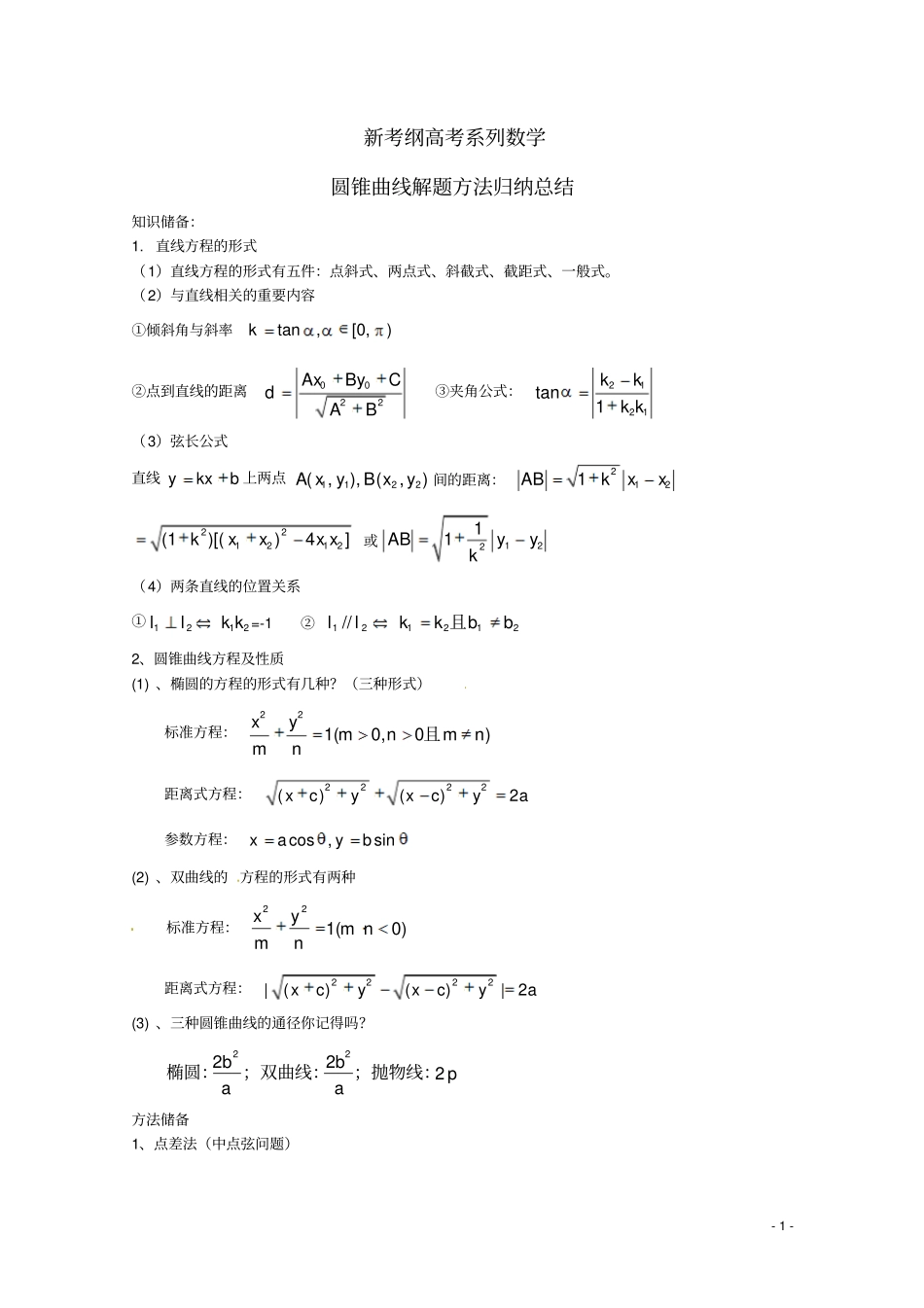 新考纲高考系列数学圆锥曲线解题方法归纳总结_第1页