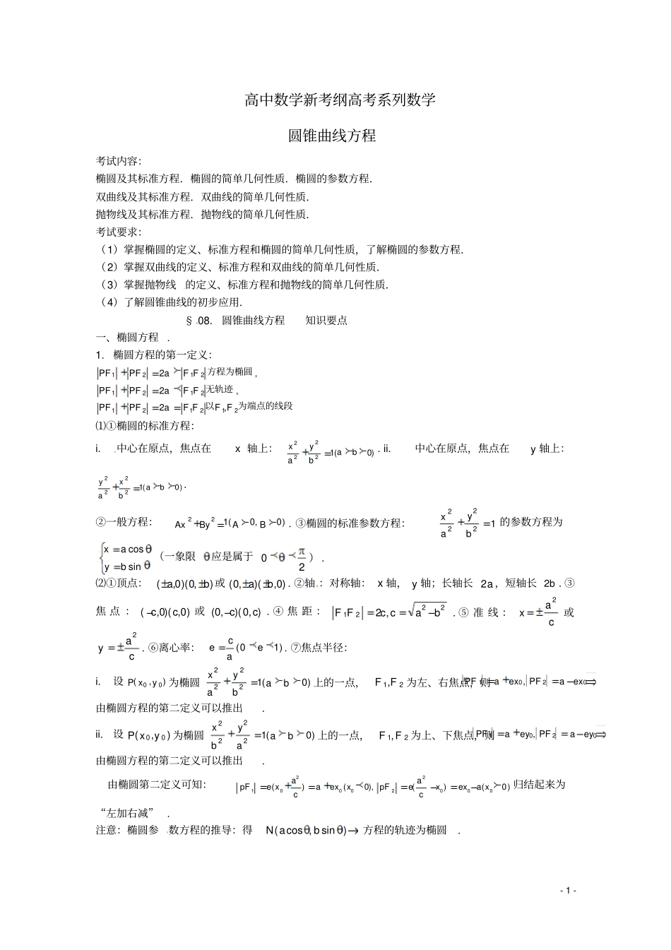 新考纲高考系列数学圆锥曲线方程_第1页