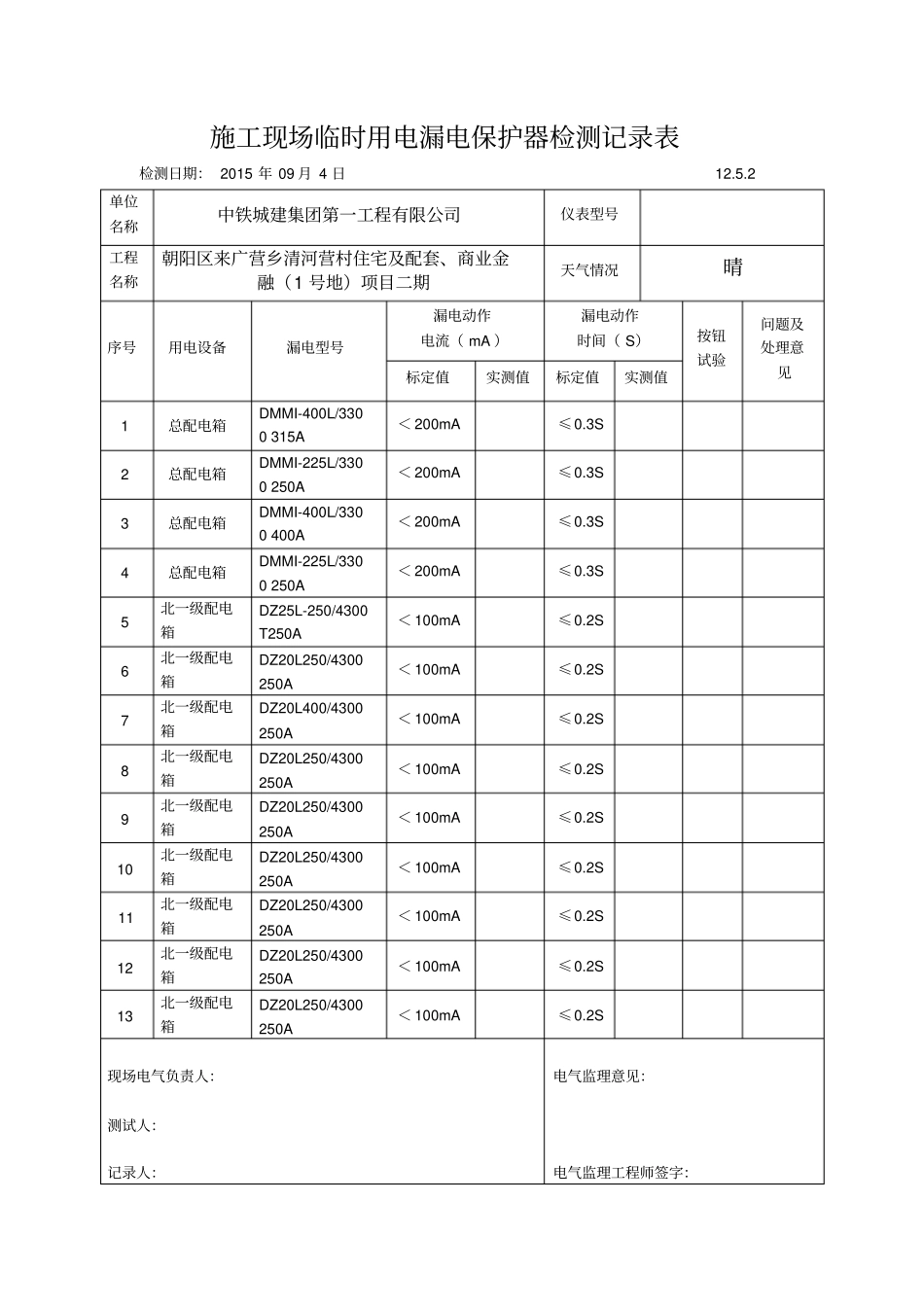 施工现场临时用电漏电保护器检测记录表12_第1页