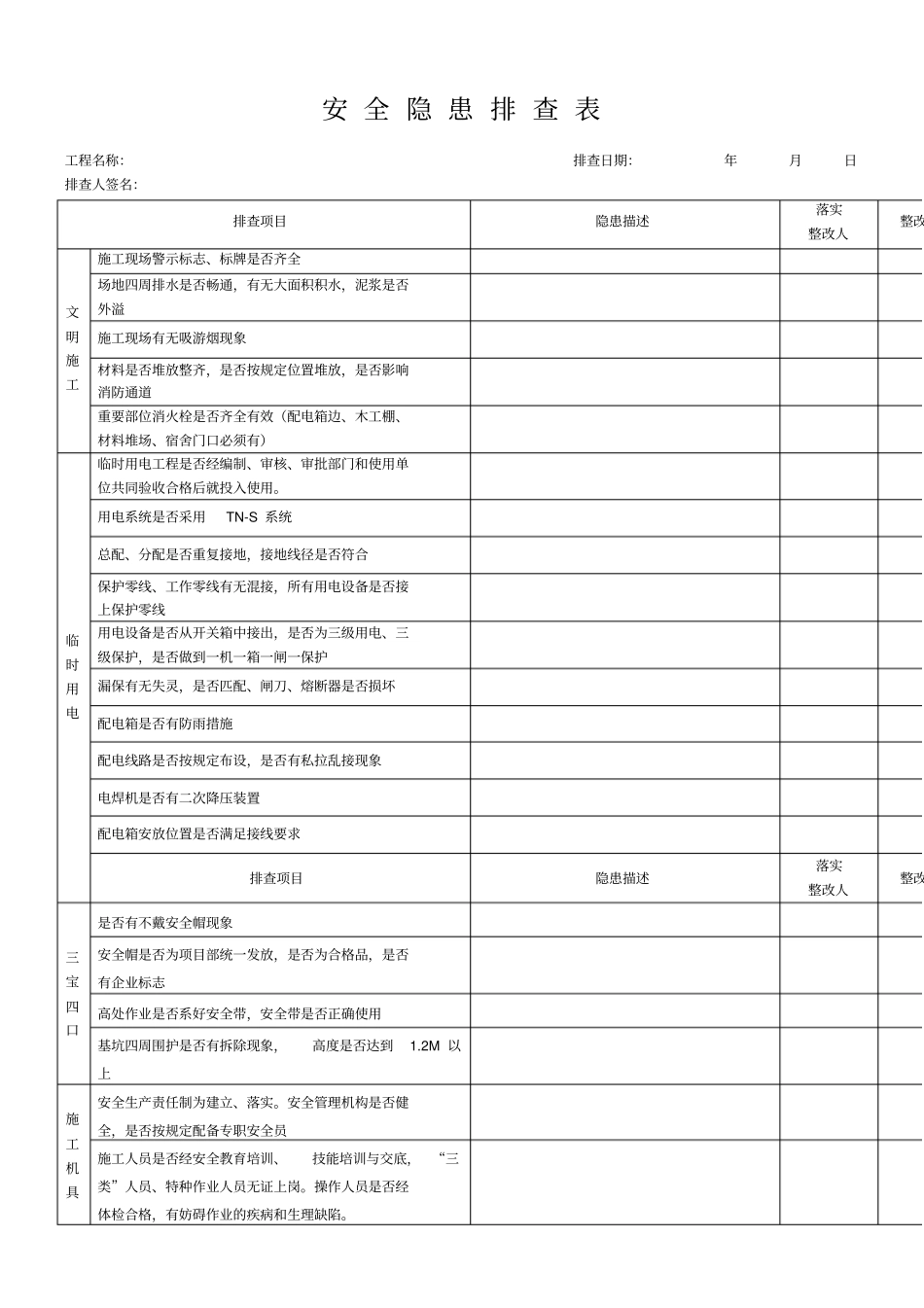 施工现场安全隐患排查表_第1页