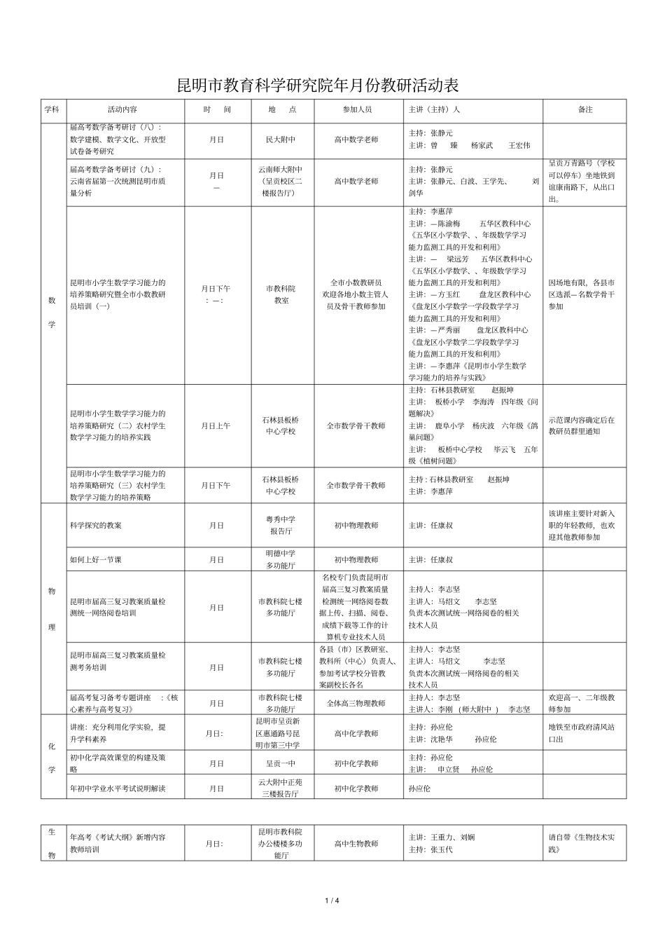 昆明教育科学研究院2019年3月份教研活动表_第1页