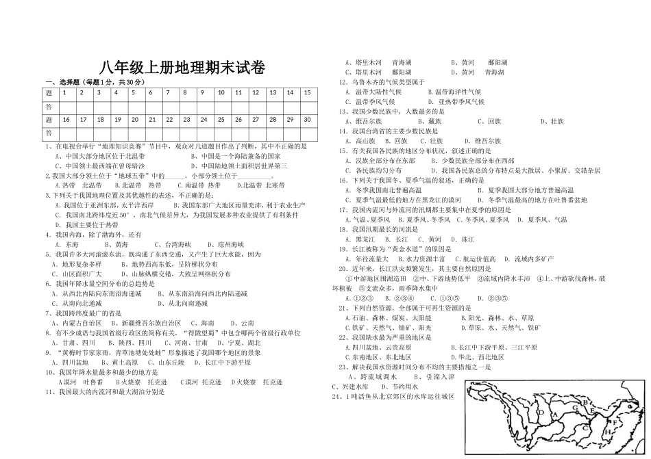 2013八年级上册地理期末试卷_第1页
