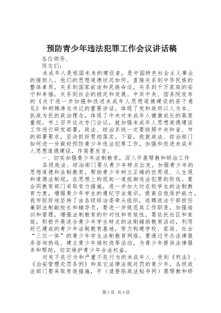 预防青少年违法犯罪工作会议讲话发言稿 (2)