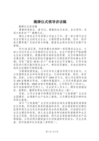 揭牌仪式领导讲话发言稿 (2)