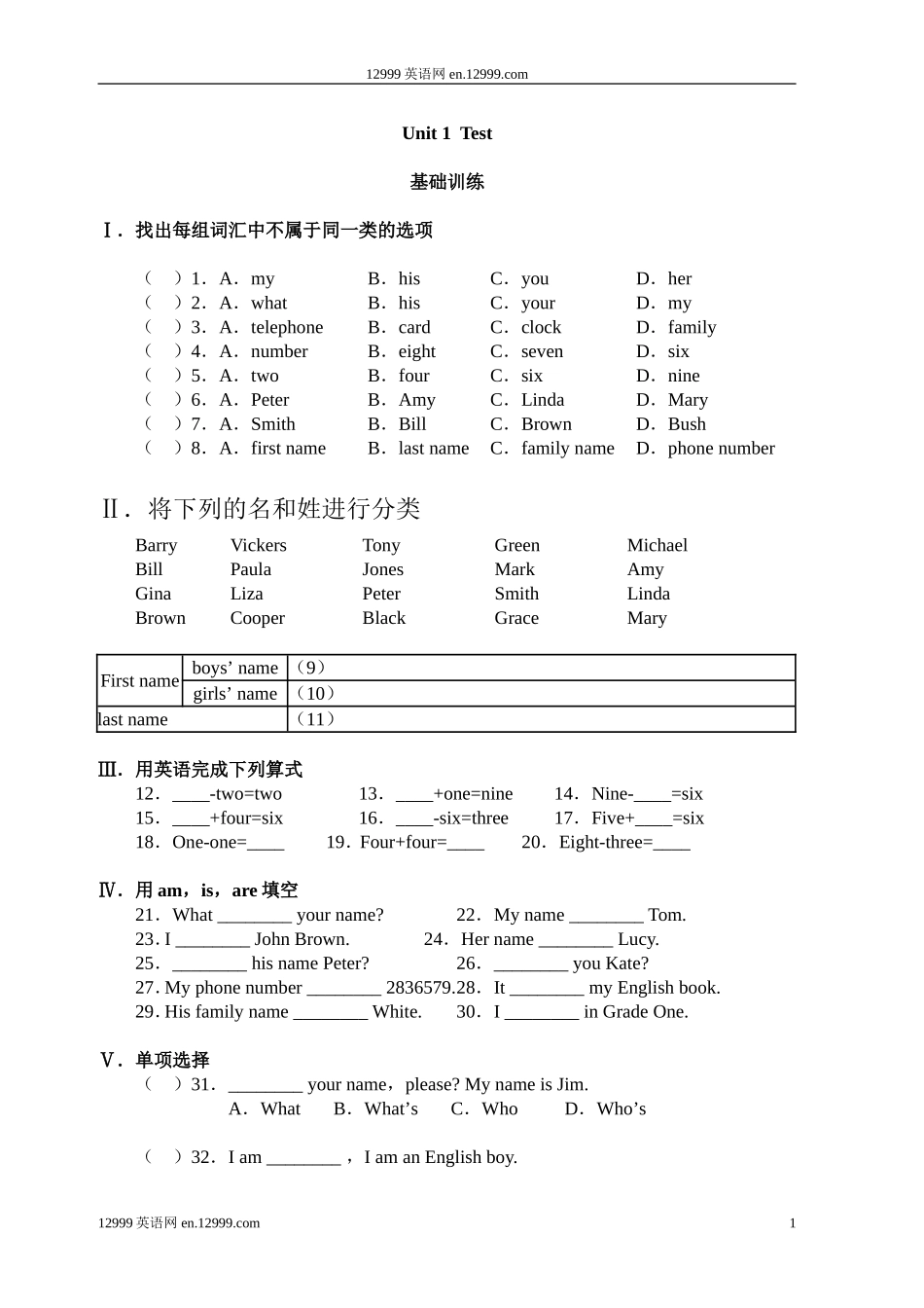 初一英语练习题及答案精编12套_第1页