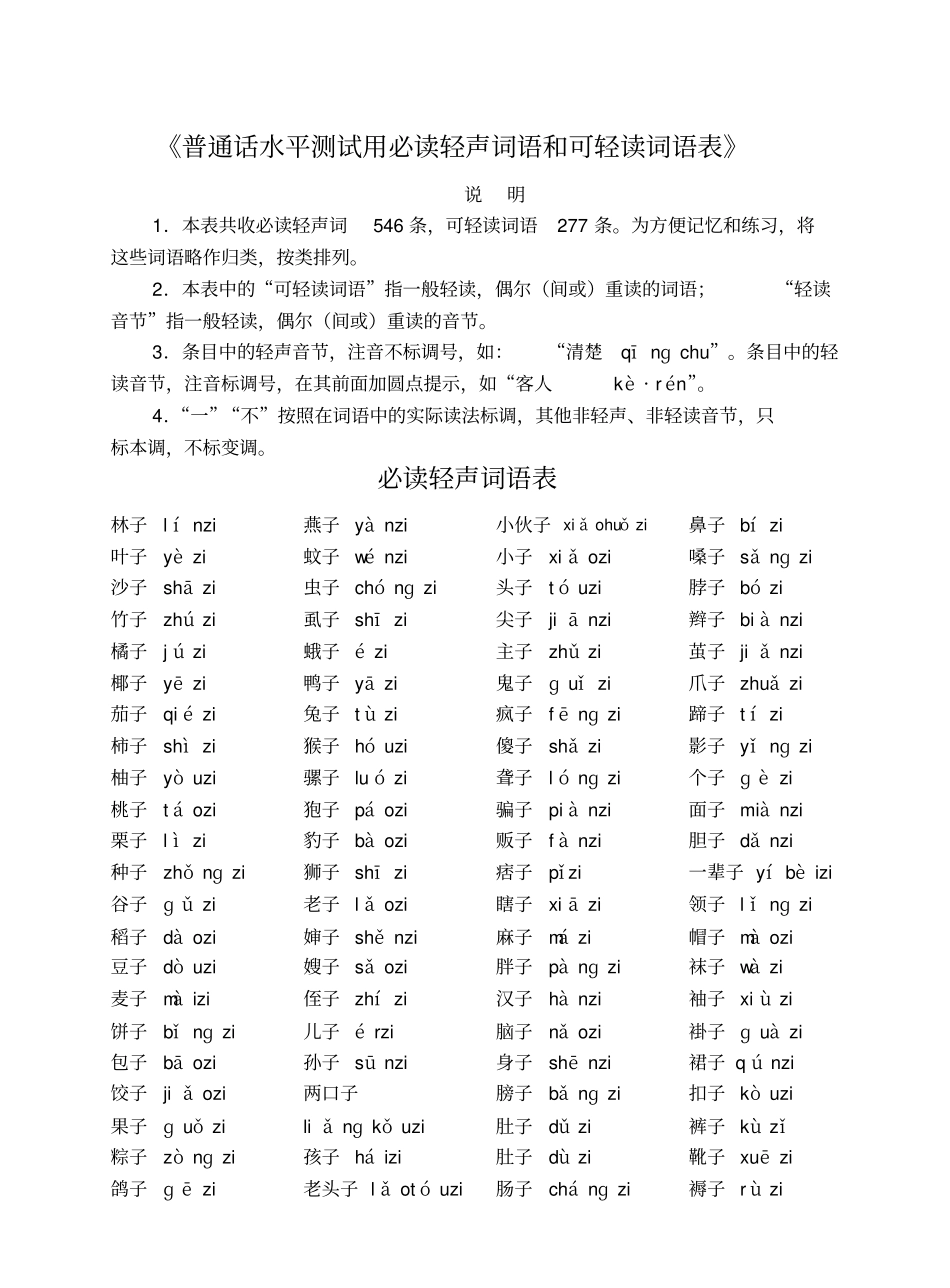 普通话水平测试用必读轻声词语和可轻读词语表资料_第1页