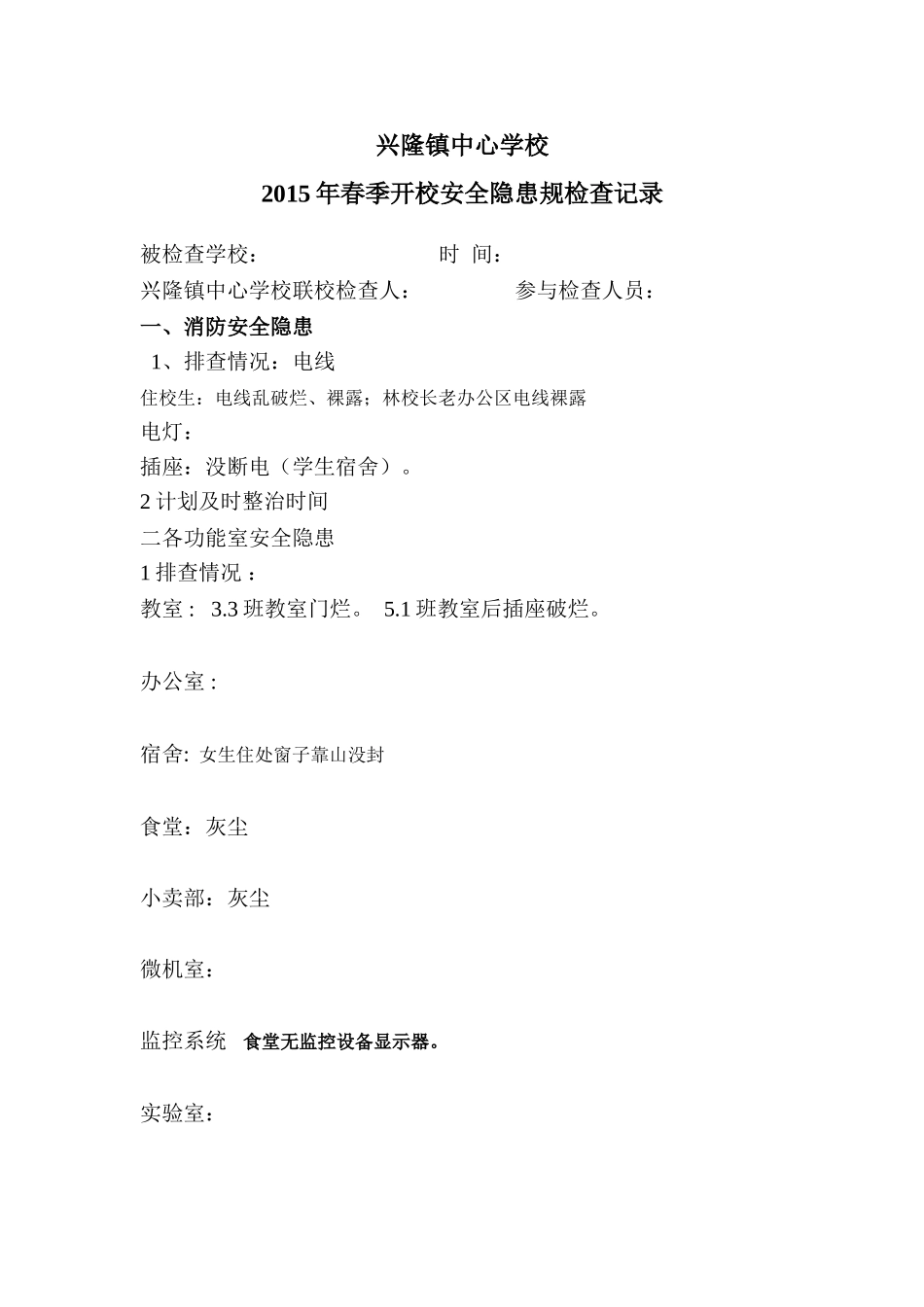 2015年春季兴隆镇中心学校安全开学常规检查记录_第1页