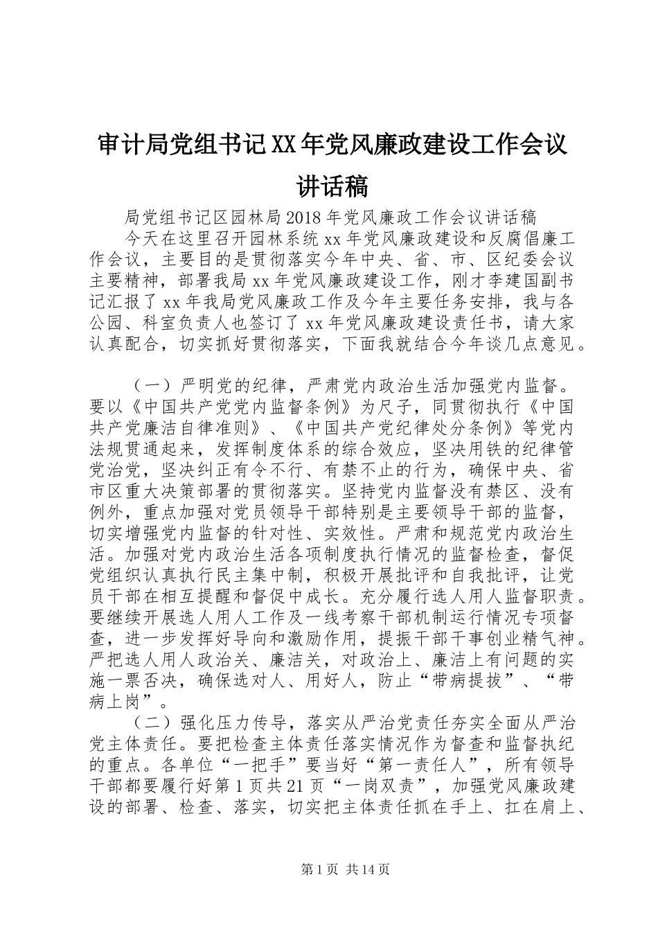 审计局党组书记XX年党风廉政建设工作会议的讲话发言稿_第1页