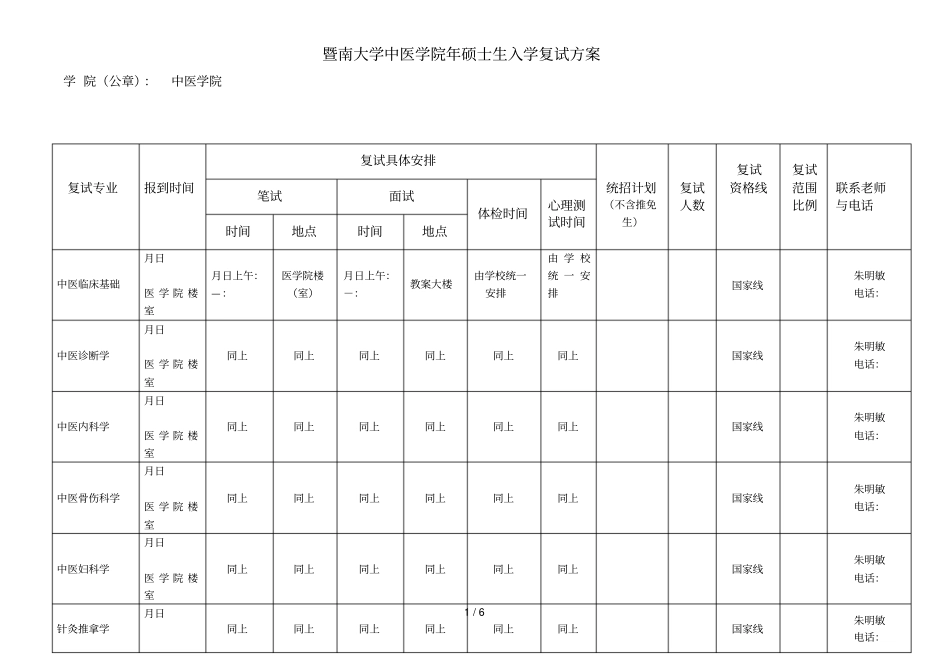 暨南大学中医学院2019年硕士生入学复试方案_第1页