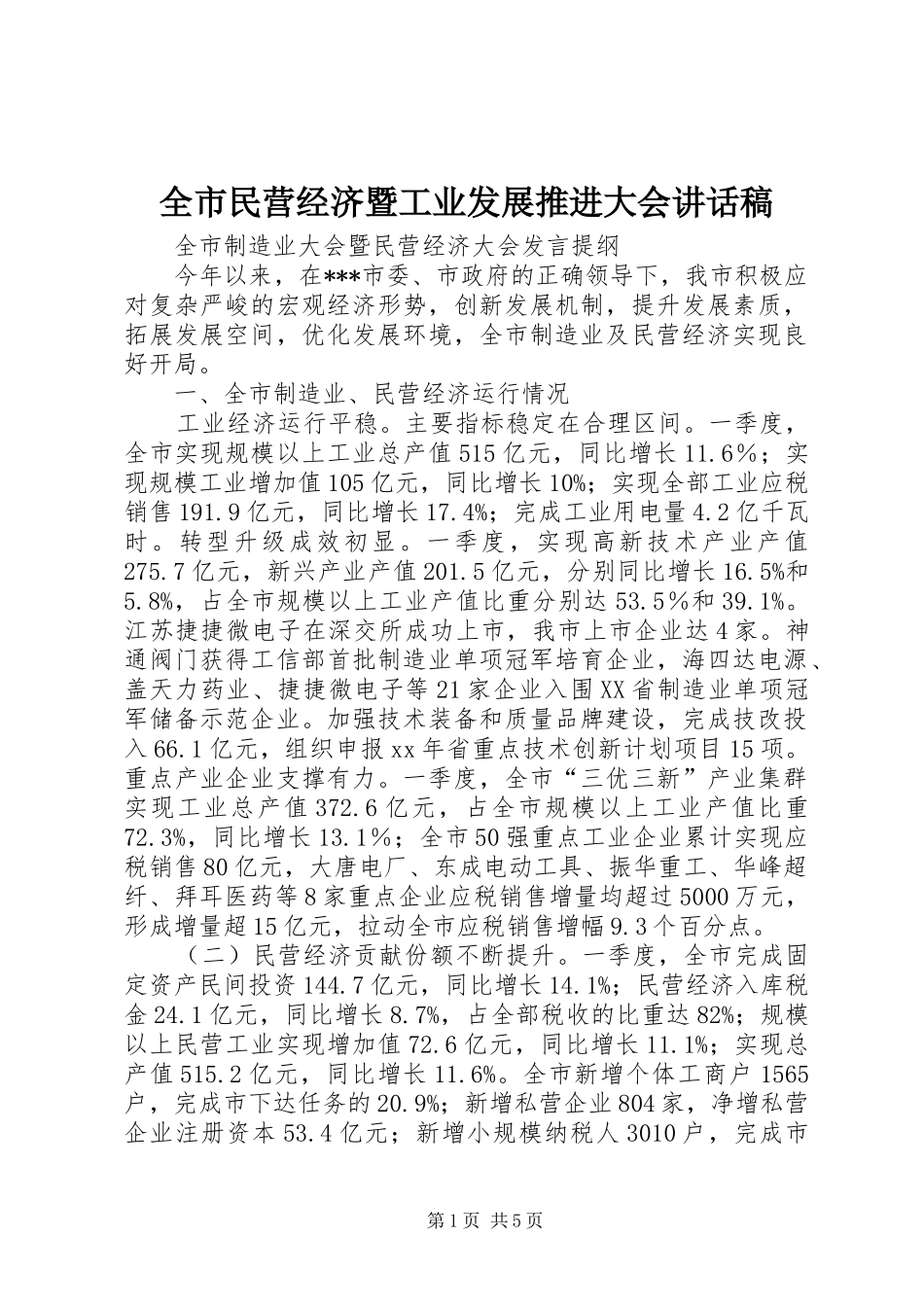 全市民营经济暨工业发展推进大会讲话发言稿_第1页