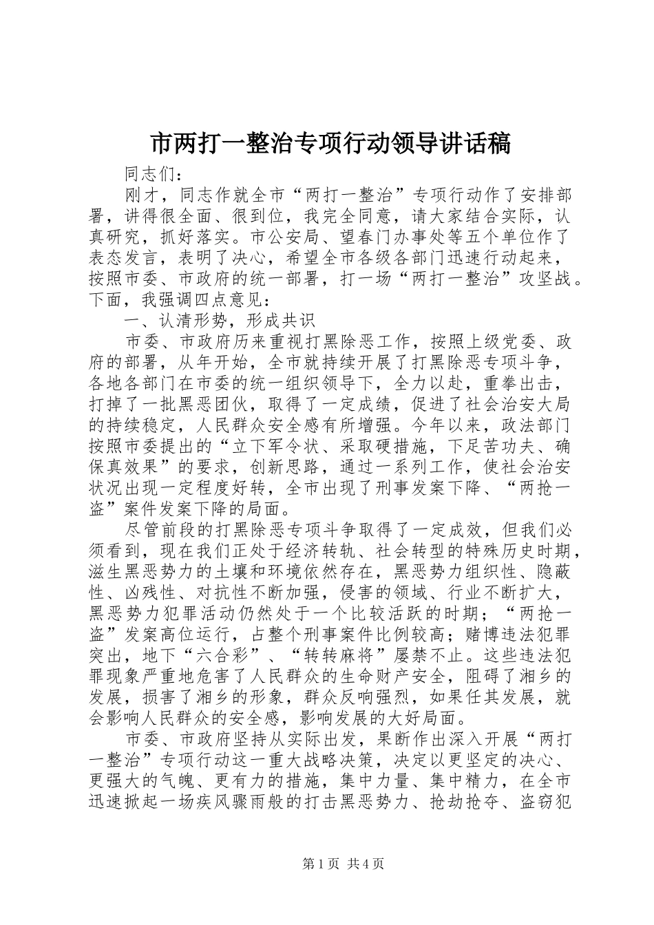 市两打一整治专项行动领导讲话发言稿 (2)_第1页