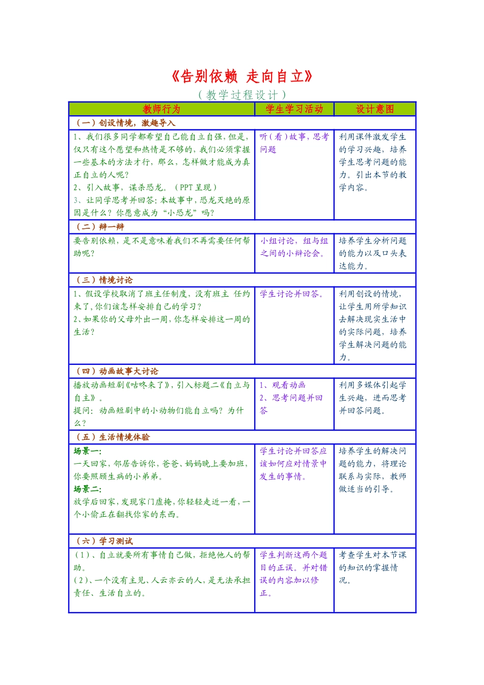 《告别依赖，走向自立》教学过程设计_第1页