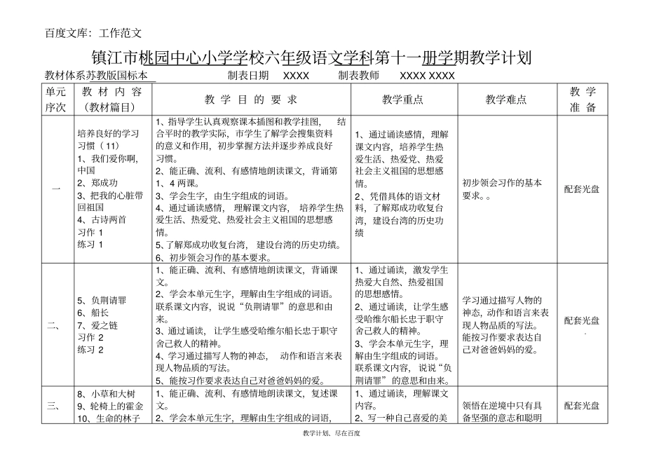 最新+苏教版六年级上册语文教学计划表格式_第1页